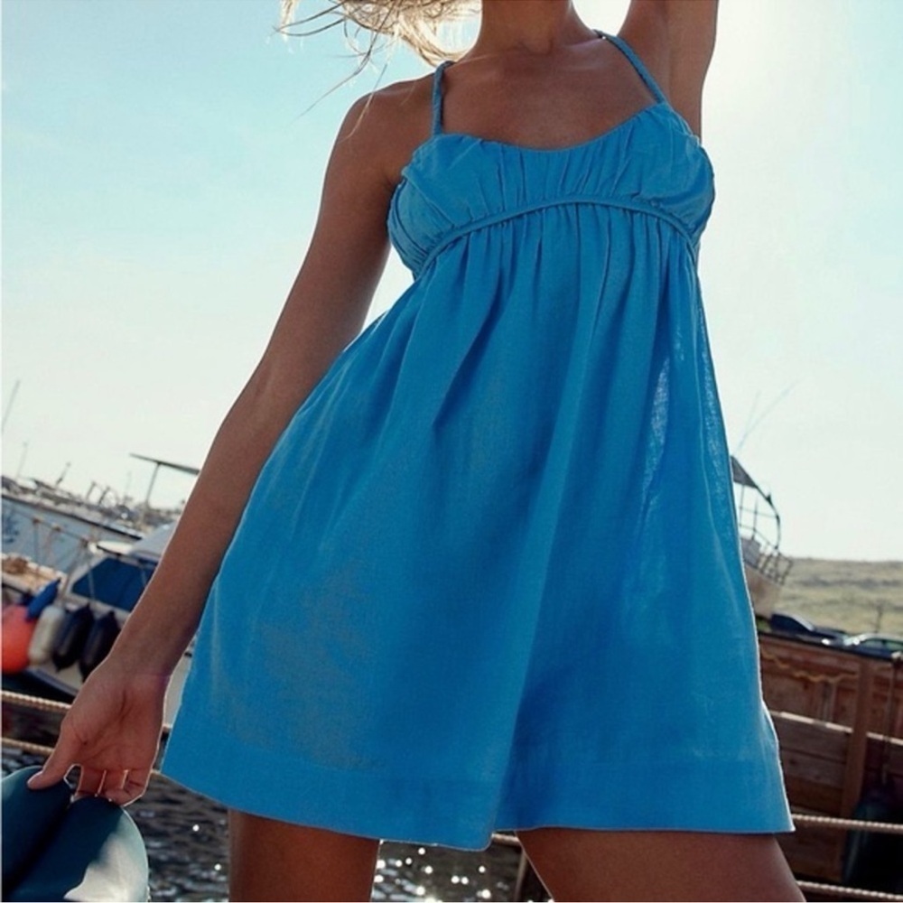 NWT Free People Cotton Linen Free-Est Tell All Mini Dress Sleeveless in Blue S